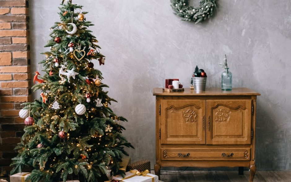 cozy room with christmas tree and decorations